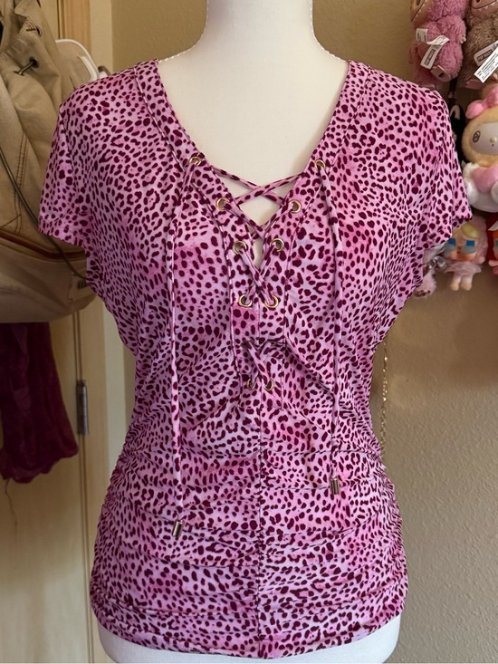 INC International Concepts Tops - INC International Concepts Pink Leopard Lace-Up Short Sleeve Top